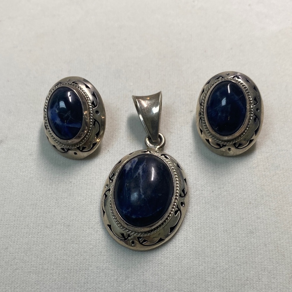 vintage sterling silver and blue lapis lazuli jewelry set mexico